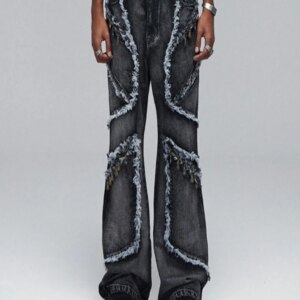 High Street Vintage Deconstructed Wash To Do Old Fringe Straight Leg Jeans For Men And Women