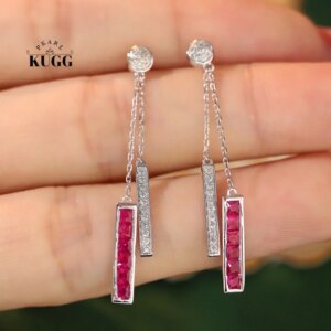 KUGG 100% 18K White Gold Earrings Romantic Tassels Drop Earrings Luxury Diamond Narural Ruby Earrings for Women Engagement Party