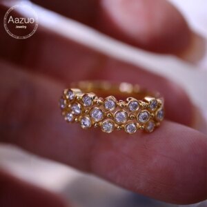 Aazuo 18K Yellow Gold Natrual Diamonds Round Shape Fahion Lines Ring Gift For Women Luxury Engagement Halo anillos mujer Party