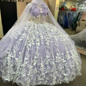 Lavender Shiny Princess Quinceanera Dresses Bow Beads With Cape lace-up Corset Prom Sweet 16 Dress vestidos de 15 anos