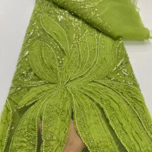 3D Flower Beaded French Mesh Lace Fabrics African Lace Fabric 2024 High Quality White Sequins Beaded Lace For Sewing KB4529