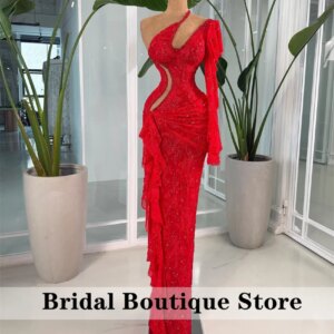 Luxury Red Mermaid Evening Dress Beading Birthday Party Gown Wedding Party Prom Gowns Robes De Soirée Customized