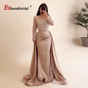 Elegant Mermaid Satin Evening Dress for Women Detachable Train 2025 Long Sleeves Bead Formal Prom Wedding Party Gown Customized