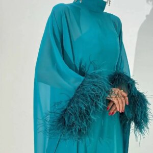 customized Long Sleeves Prom Dresses High Neck Pleated Feathers Floor Length Evening Dresses Formal Party Dresses