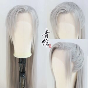 Synthetic Straight Silver Gray Wig Long Ponytail Fluffy Anime Game Cosplay Hair Wig Wen Ke Xing Shan He Ling Hallowwen Costume