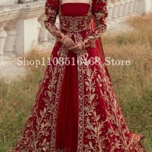Burgundy Bridal Evening Dress Luxury Square Neck Gold Embroidered Applique Customised Long Sleeve Evening vestido de casamento