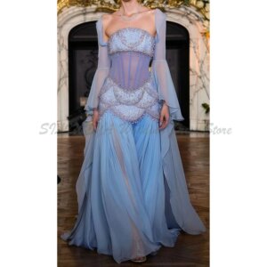 Modern Evening Dresses For Women A Line Strapless Long Sleeves High Quality Sparkle Crystal Sweep Train Banquet Business Party