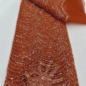 African Lace Fabric 2024 High Quality Luxury Beaded Fabric Orange High Quality Nigerian Party Lace Fabric With Sequins DreA592-1