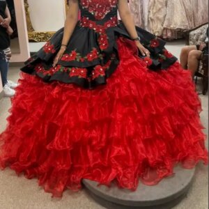 Black Red Organza Mini Quinceanera Dress Off Shoulder Girl Pageant Party Dresses Charro Mexican Flower Girl Gowns