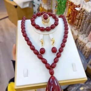 New Nigeria Dubai Coral Bead Necklace Earrings Rings Bracelets Wedding Party Gift Jewelry Set for Lovers YY10609