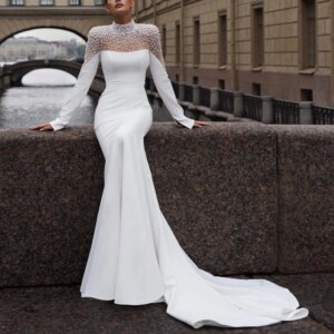 Fabulous Pearls Mermaid Wedding Dress For Womens High Neck Long Sleeve Satin Bridal Dresses Sweep Train Real Picture Vestidos