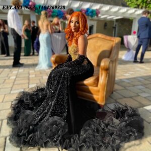EVLAST Customized Glitter Black Sequins Mermaid Prom Dress Black Girls Gold Crystal Beaded Ruffles Birthday Party Gown E3P364
