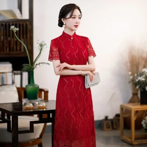 Red short-sleeved lace cheongsam modified slim-fit word dress casual bridal