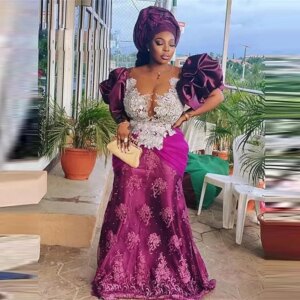 With Sheer Neck Puffy Short Sleeves African Women Evening Dress With Beads Appliques Plus Size Mermaid Prom Dresses