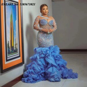 EVLAST Customized Blue African Mermaid Evening Dress Flower Ruffled Skirt Aso Ebi Formal Occasion Party Dress Black Women P193