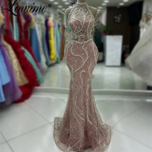 2025 Pink Evening Dress With Pearl Crystals Beaded Customized Wedding Prom Party Dresses Vestidos De Gala Arabic Engagement Gown