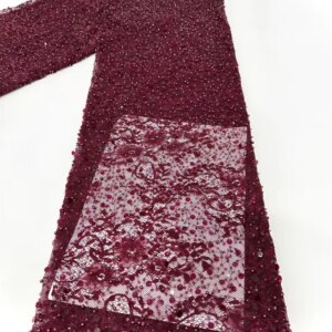 New Embroidered Dubai New 2025 High Quality Nigerian Party Lace Fabric Sequin Lace Fabric 5 Yards Embroidery Wine Lace A1074-1