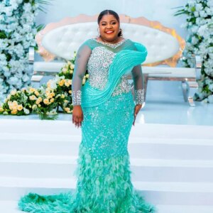 Plus Size Ice Blue Mermaid Prom Dress Lacefull Promdress Crystals Feather Evening Formal Party Second Reception Birthday Engagem