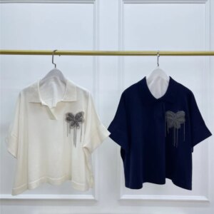Exquisite Flower Bead Chain Lapel Cashmere Sweater For Women Summer Pullover Short Sleeve Top