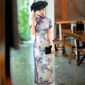High-End Quality Real Silk Cheongsam Qipao Improved Dress Women’s Long Chinese Dress