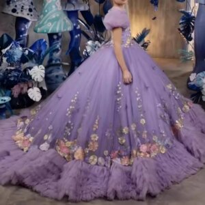 FB11 Customized Purple Little Girl Party Occasion Dress Off Shoulder Lace Applique Ball Gown Children Birthday Party Dress 2025
