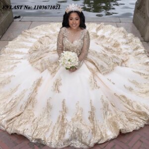 EVLAST Customized Lace Quinceanera Dress Ball Gown Gold Applique Beaded Pearls Corset Sweet 16 Vestidos De 15 Anos SQ495