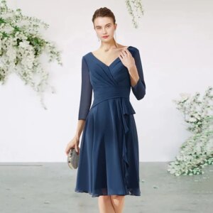 Customized  Navy Bule Mother of the Bride Dress A-Line Long Sleeve Pleat Simple Short Ruffles Chiffon Formal Evening Go