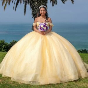 Yellow Shiny Quinceanera Dresses Ball Gown Off The Shoulder Beading Crystal Corset Tull Party Birthday Sweet 16 Vestidos 15 De