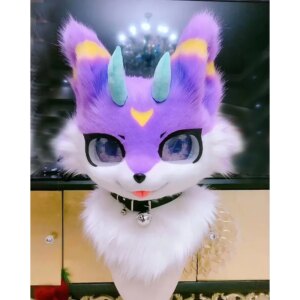 Purple Furuit Long-haired Cat and Fox Mascot Head Party Halloween Fur Role Play