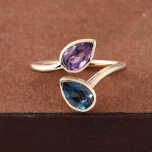 Provence 18K/14K/10K Solid Gold Pear Cut Lab Grown Purple Jadeite With Lab Chrysoberyl Two Stone Toi Moi Ring For Woman Party Cu