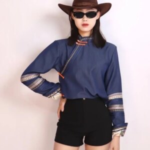 Short Denim Color Mongolian Diagonal Sleeve Traditional Women’s Robe Young High-End Western Style