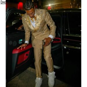 Gold Diamonds Beading Men Business Formal Occasion Tuxedos Grooms Wedding Party Prom Male Suit 2 Piece Set Blazer Pants