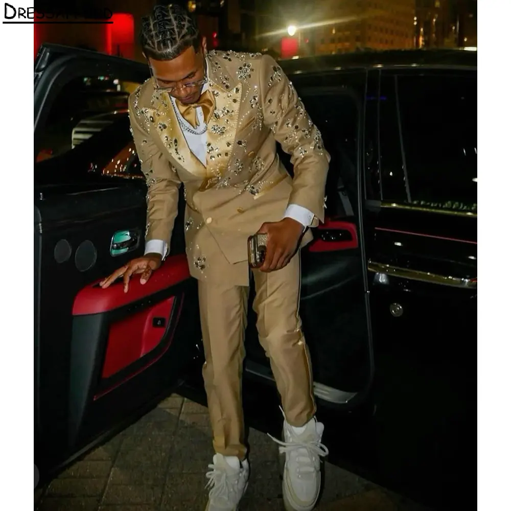 Gold Diamonds Beading Men Business Formal Occasion Tuxedos Grooms Wedding Party Prom Male Suit 2 Piece Set Blazer Pants