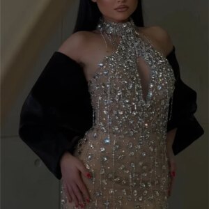 Black Mermaid Celebrity Dresses 2025 Customized Beaded Crystals Female Evening Dresses Bithday Party Engagement Dress Customized