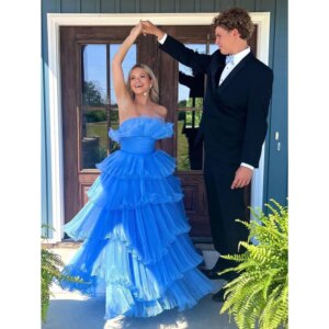 Elegant Fashion Chic Blue Evening Party Dresses Strapless Sleeveless A-Line Floor Length Smart Sweet High End Women Prom Gowns