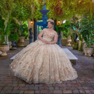 Customized Shiny champagne gold Off Shoulder Quinceanera Dress Tull applique crystal 3D flower vestidos de 15 Quinceanera