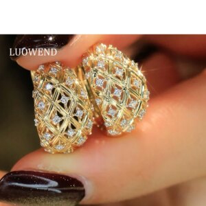 LUOWEND 100% 18K White/Yellow Gold Earrings Fashion Elegant Style Real Natural Diamond Earrings for Women High Party Jewelry