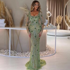 Sexy Women’s Party Dresses 2025 Net Mermaid/Trumpet Formal Evening Gown Green Square Neck Beads Rhinestones Prom Dress Long
