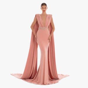 Women’s Evening Dresses Pink Spandex Deep V Neck Beading Mermaid Evening Gowns Long Draped Backless Trumpet Formal Party Dress