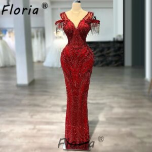 Modest Red Mermaid Wedding Dress Pearls Fringes Mermaid Woman Formal Party Dresses Beaded Customized Evening Dinner Party Gowns