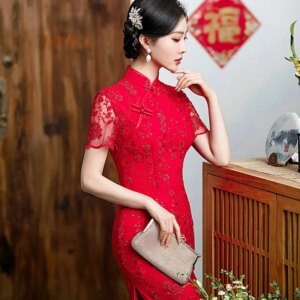 Red cheongsam women short-sleeved see-through lace evening dress with skirt standing collar slim-fit engagement