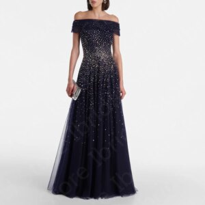 Sparkling 2024 Mother Dresses Dark Navy Mother of the Bride Gown Tulle Off Shoulder Wedding Party Dress Short Sleeves Customized