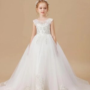 Cutom White Tulle Patterned Embroidery With Tailing Sleeveless For Wedding Birthday First Communion Gowns Flower Girl Dresses