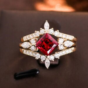 Provence 10K/14K gold ring set princess cut lab ruby rings luxury wedding bridal set Promise Engagement Ring Anniversary gift