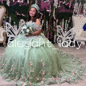 Mint Green Princess Quinceanera Dresses 2025 Off Shoulder 3D Floral Applique Lace-up Corset Fairy vestido de 15 quinceañera