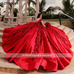 Luxury Red 3D Flowers Appliques Princess Quinceanera Dresses 2025 Off Shoulder Ball Gown Corset Back Party Dress For Sweet 15 16