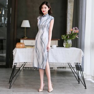 New Graceful Fashionable Cheongsam Qipao Women’s Clothing Dress Retro Improved High Quality Real Silk Shoulder Printed