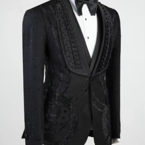 Black Handmade Beading Pearls Evening Party Men Suits Two Pieces Blazer Groom Wear ( Jacket + Pants )