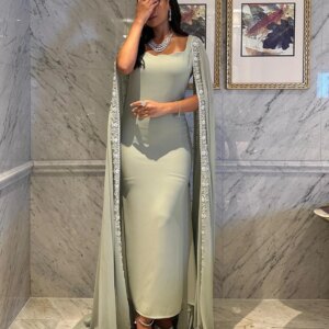 STEVDITG Green Arabia Elegant Cape Sleeves Prom Dresses Square Neck Long Formal Evening Dresses Party Gown High Quality