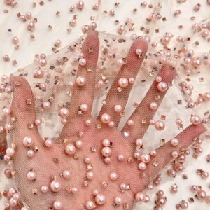 High Quality 5 Yards Pearls Beaded Lace African Sequins Tulle 2024 Plastic Stones Lace Fabric Beaded Fabric For Sewing KB4768